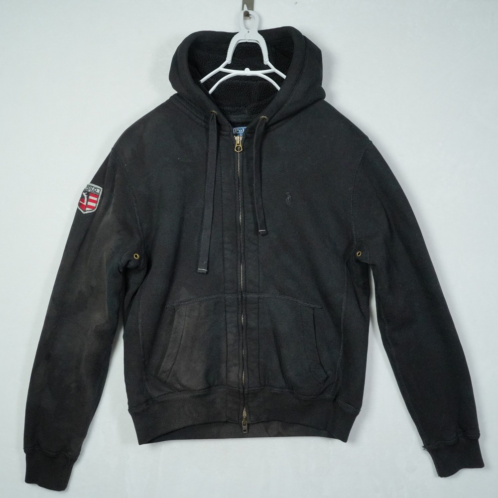 Polo Ralph Lauren Mens Large Sherpa Lined Full Zip Hoodie Black Crest - READ